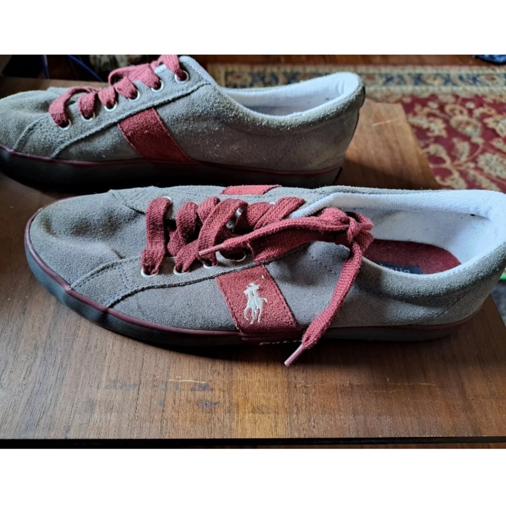 Polo By Ralph Lauren Leather Top Sneakers Grey And Maroon Size 10.5